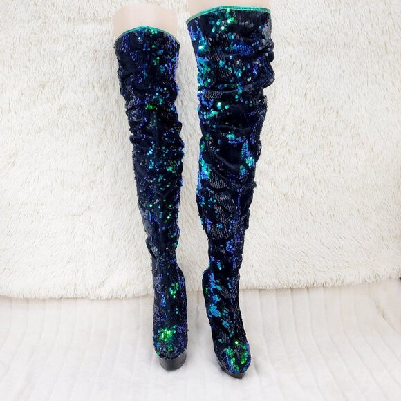 3004 Mermaid Green Iridescent Sequin Thigh High 6" Heel - Picture 1 of 13